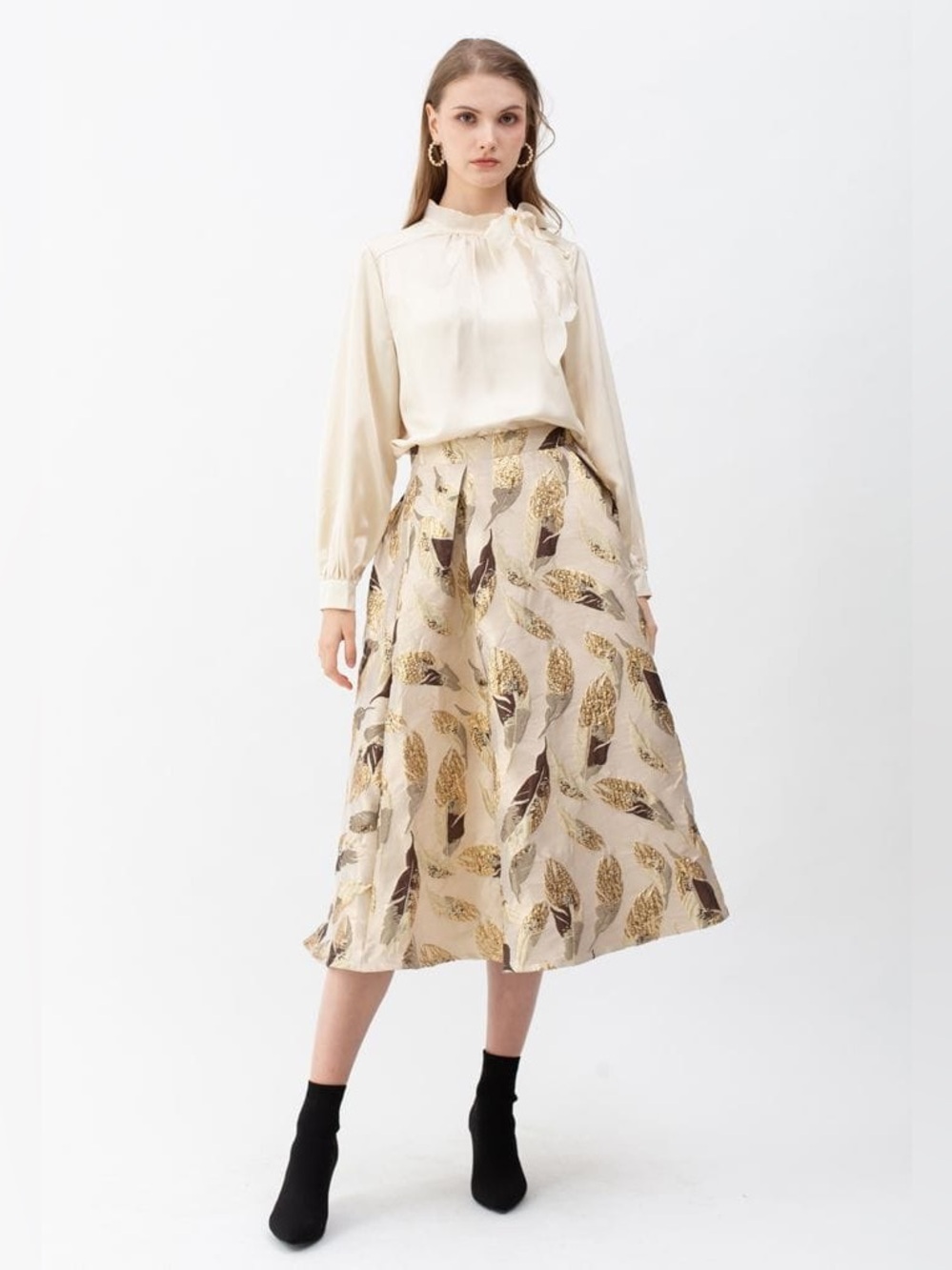 Chicwish Gold Metallic Leaves Jacquard Midi Skirt